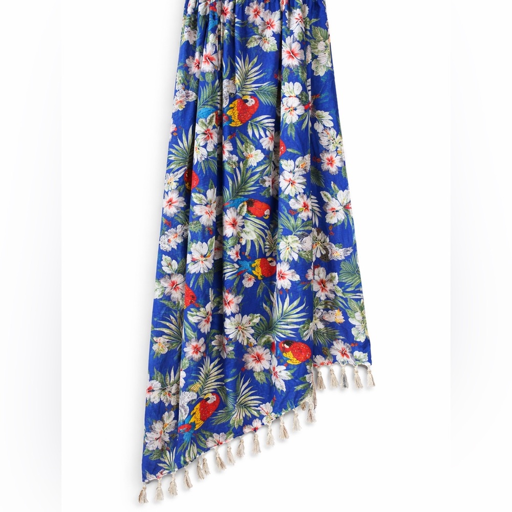 Vibrant Blue Floral Sarong with Parrot Design (with plastic ring) - Picture 3 of 8